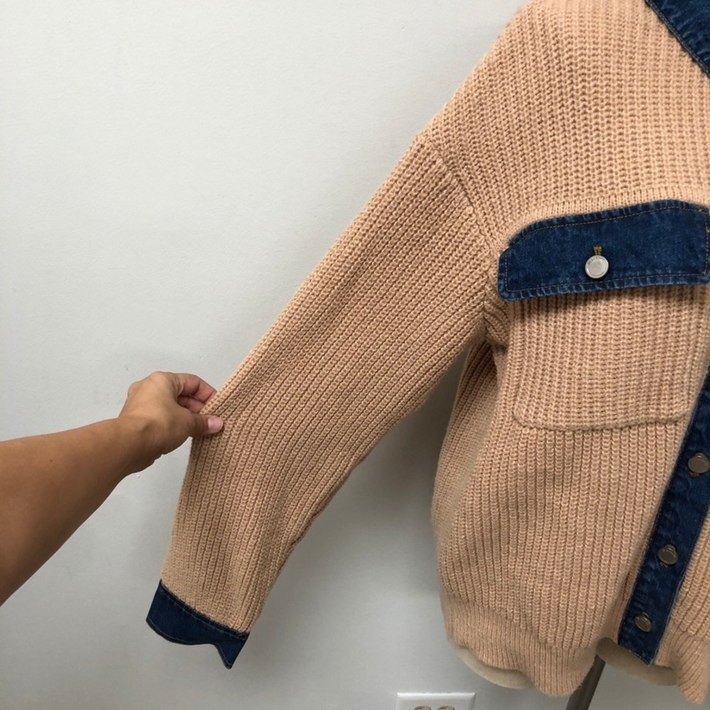 Blank NYC Playing the Field Jacket Womens Large Khaki Mixed Media Denim Trim NEW - Picture 2 of 9